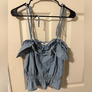 American Eagle Ruffled Denim Tie Strap Crop Top